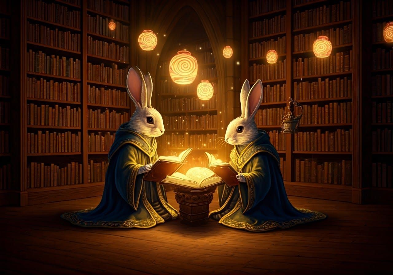 Rabbit wizards reading glowing books in a magical library with floating ...