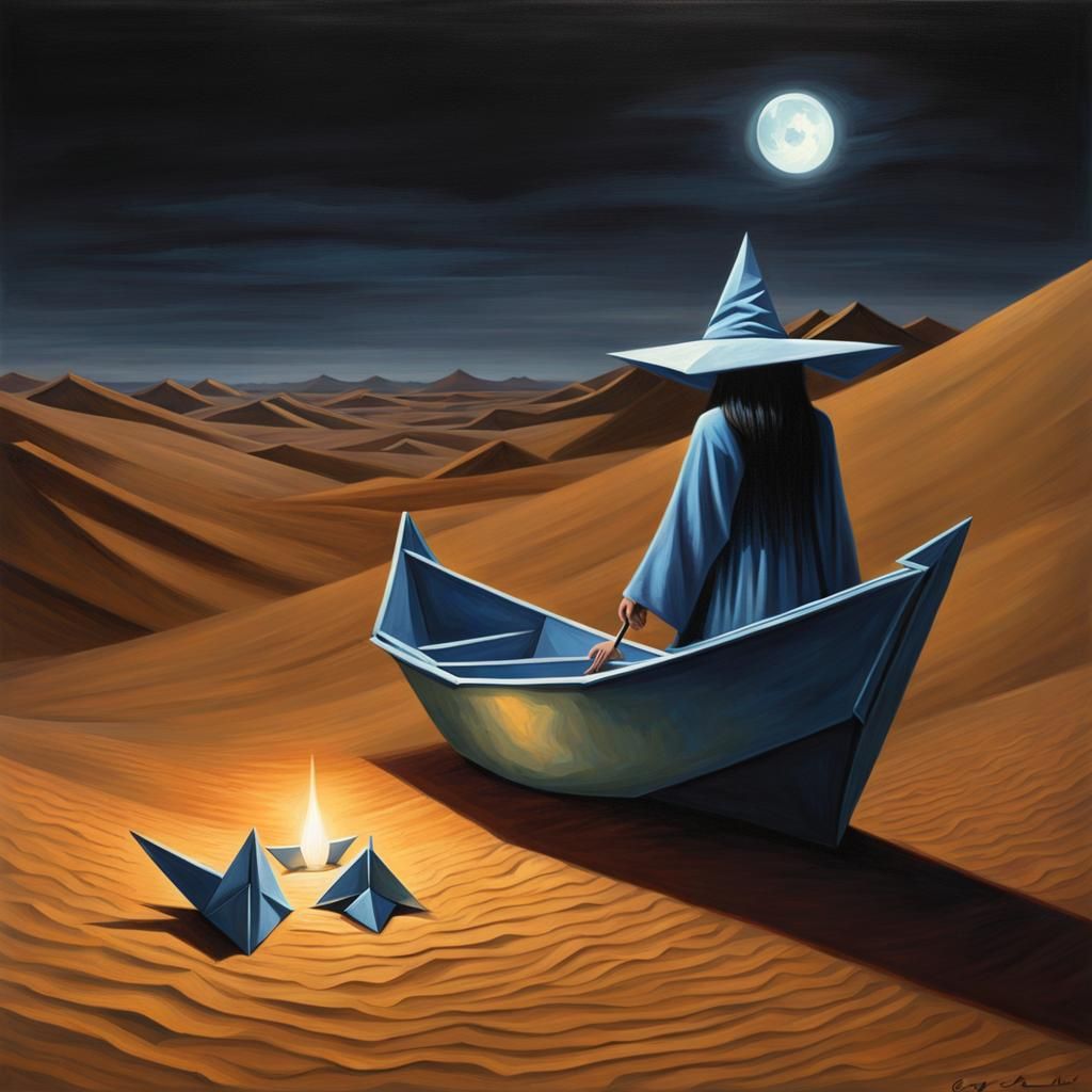 Hyper Realisic Painting Of A Side Profile Witch In An Origami Boat In   Q4RKkPslwUxvf2jNmb6Y  1  M0nu0 