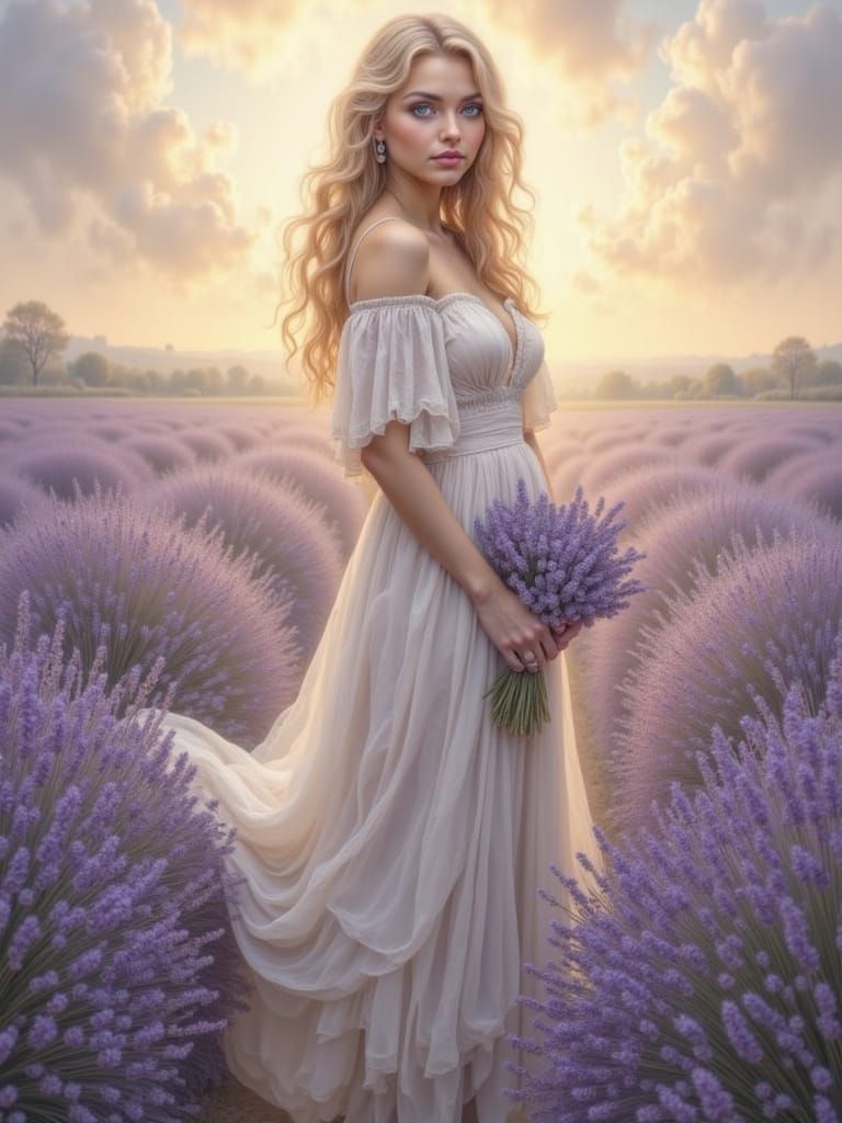 Bathed in the golden light of sunrise, a beautiful young woman stands gracefully amidst a sea of blooming lavender. Her delicate white dress...