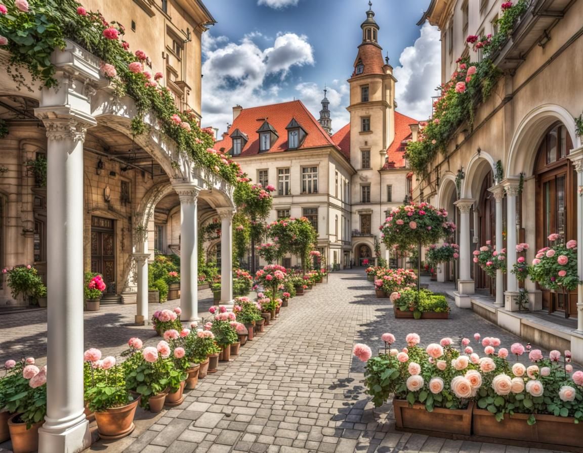 Old european city, art noveau buildings, rose and pelargony garden and white pergola on main square  by @Thunder Cube