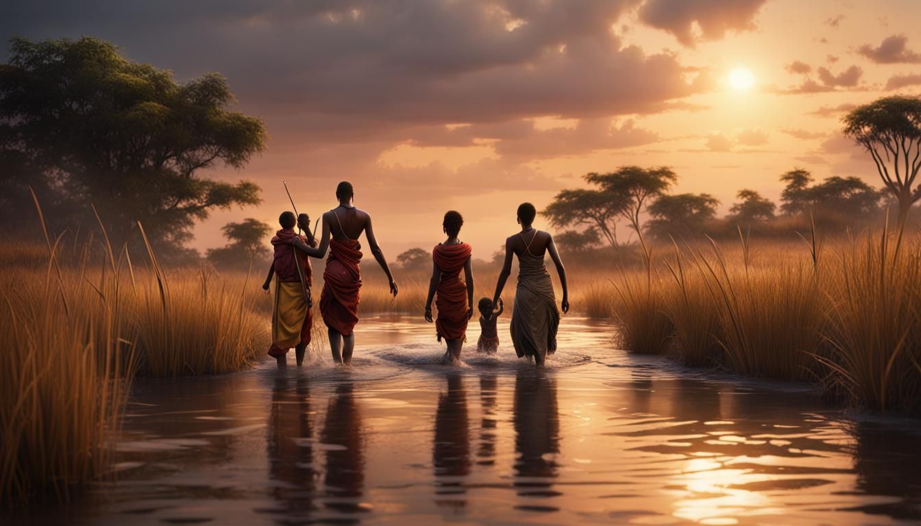African family crossing shallow river in the evening. Tall g...