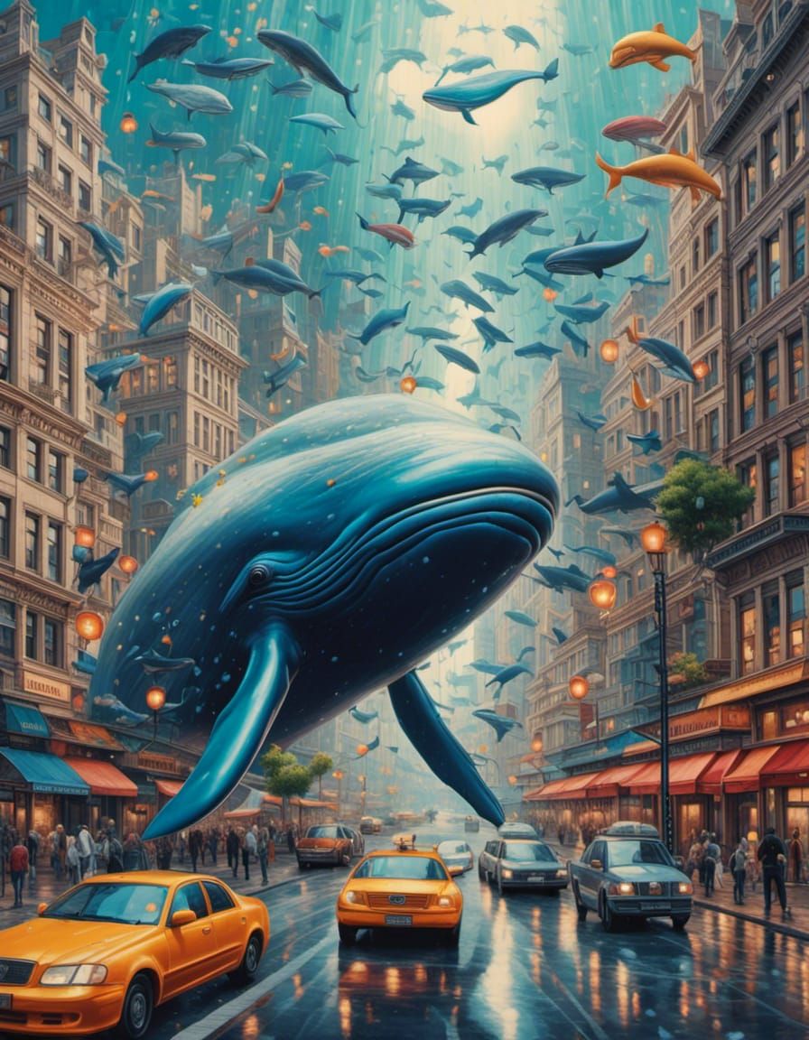 Whale swimming over city street <lora:Illustration:1.0>