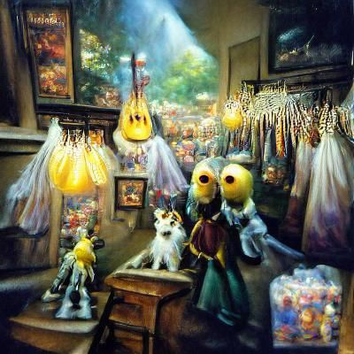 Puppets in a puppet shop. Lights are dim but yellow and the ...