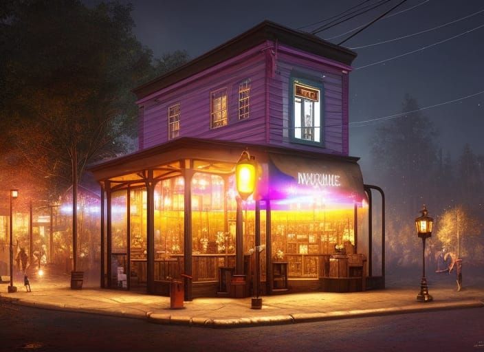 Insanely Detailed Photograph Of A Cute Woodhouse Cafe, Nightcafé With 