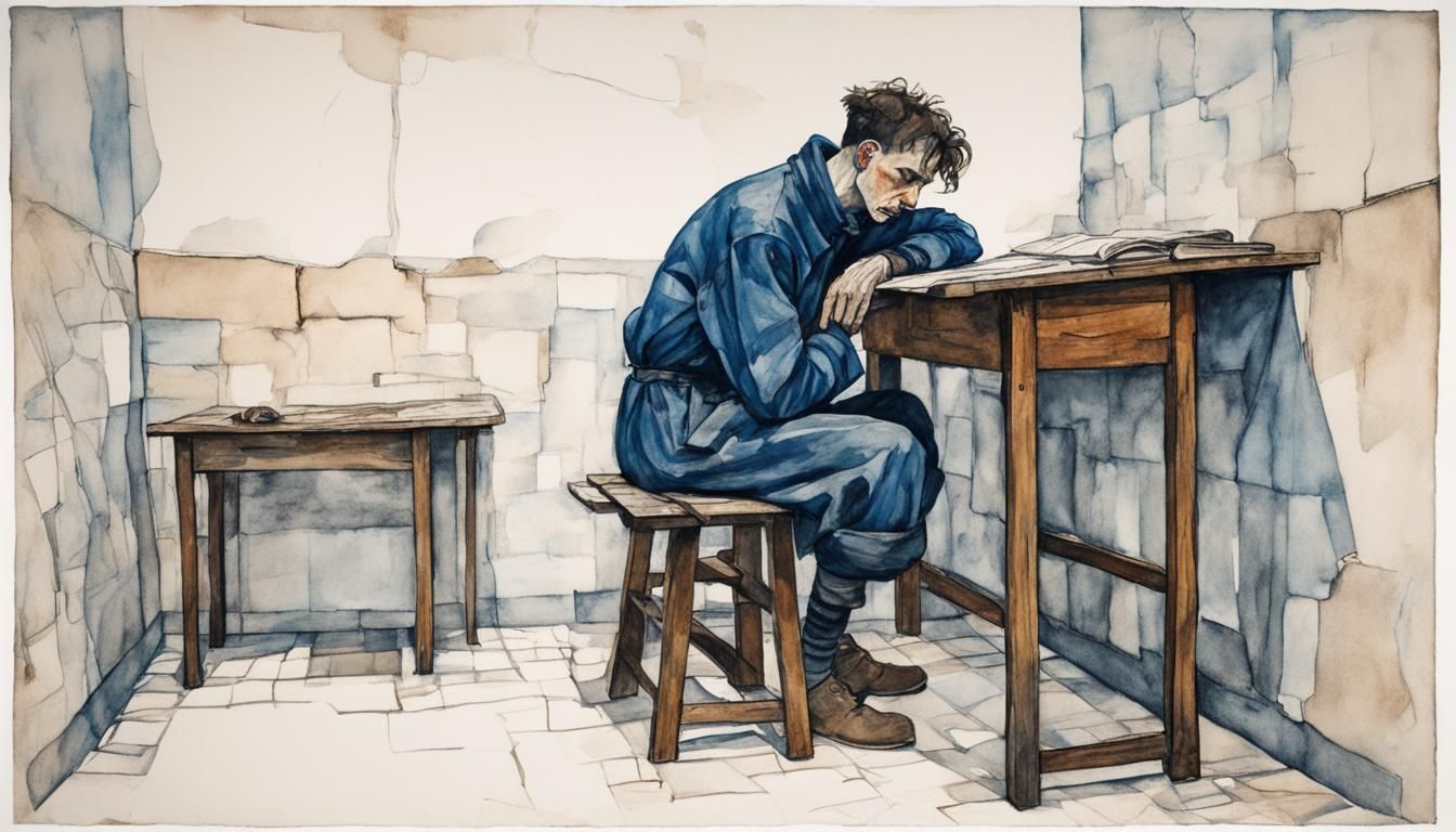 Dessin de sa cellule de prison à Neulengbach, en 1914, aquarelle réaliste au contours contrastés, à la façon d' Egon Schiele.