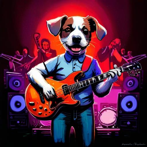""portrait of cute dog guitar player in dog rock band on stage at