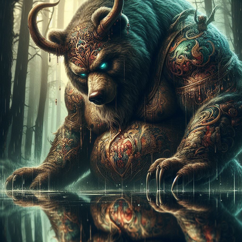 photograph: Snide sarcastic Obese Bear Hydromancer; looking down at his reflection; mythic forest twilight;