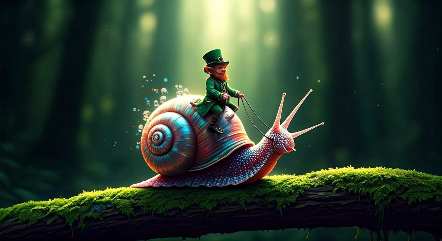 Leprechaun riding a colorful iridescent snail with reins on moss covered limb, dynamic lighting, hyperdetailed, ...  by @Ed Evans