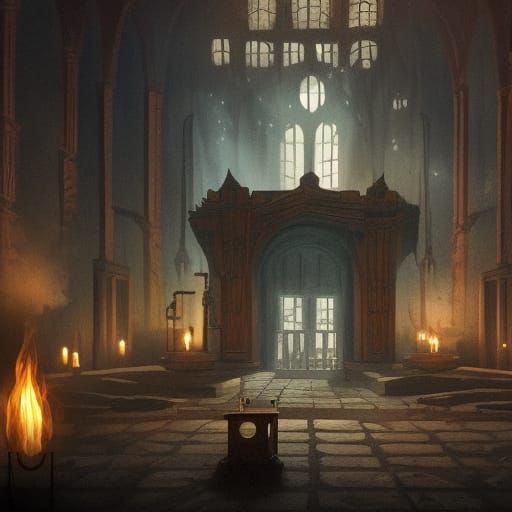 An abandoned alchemist laboratory within a huge palace in the darkness ...