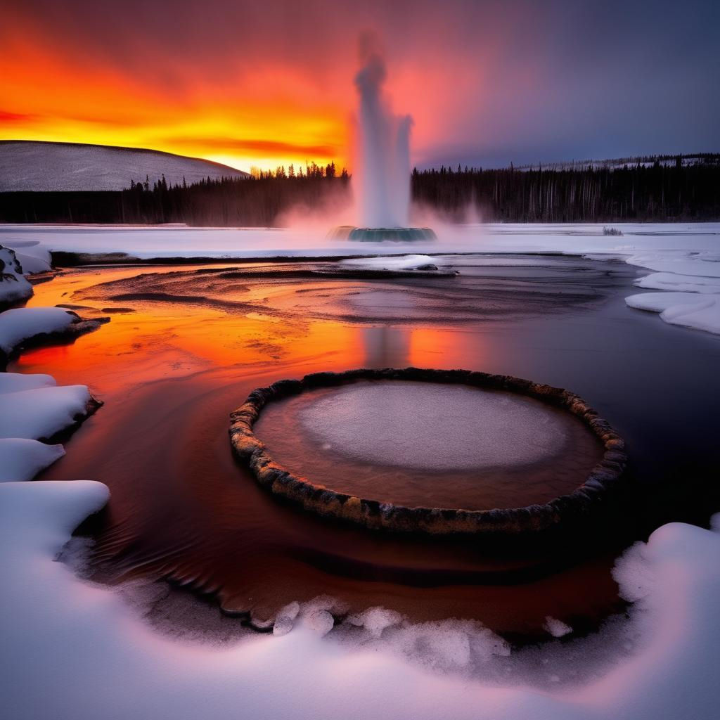 Snowfield, pool, and geyser  by @undefined