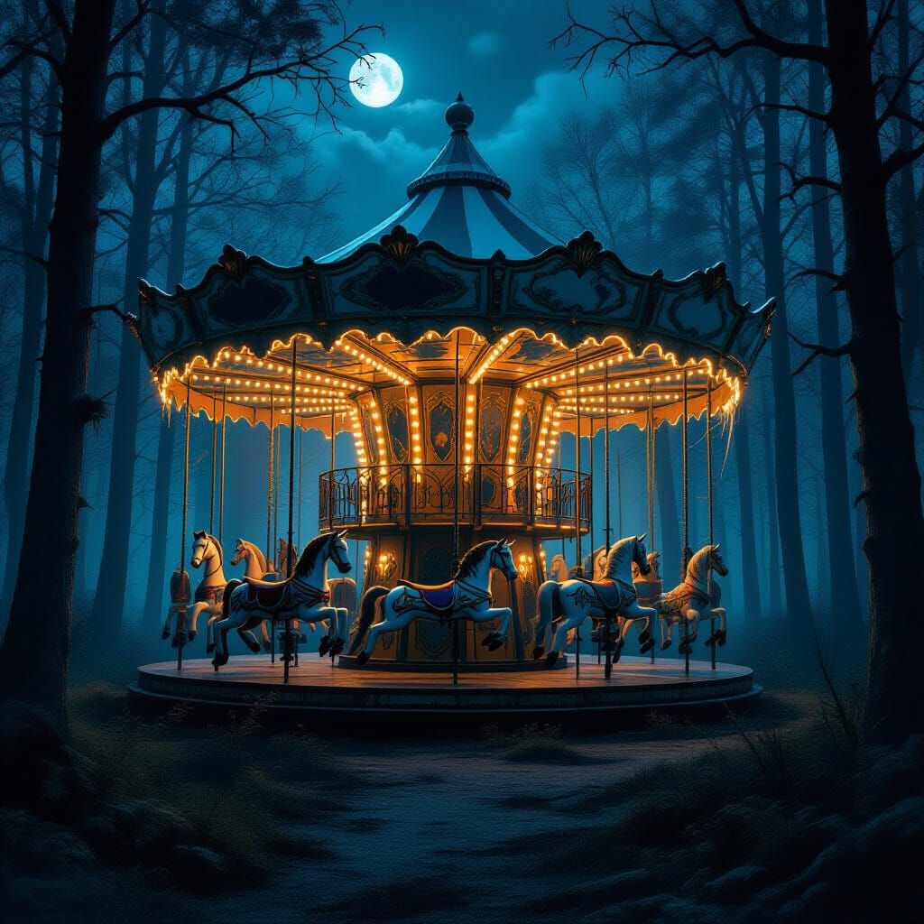  An eerie, abandoned carousel in a quiet moonlit forest at night.