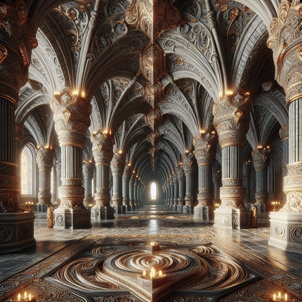 A vast, stone hall in front of me. In awe as I gazed around, I focused first on the large stone pillars ...  by @kosmikkreator