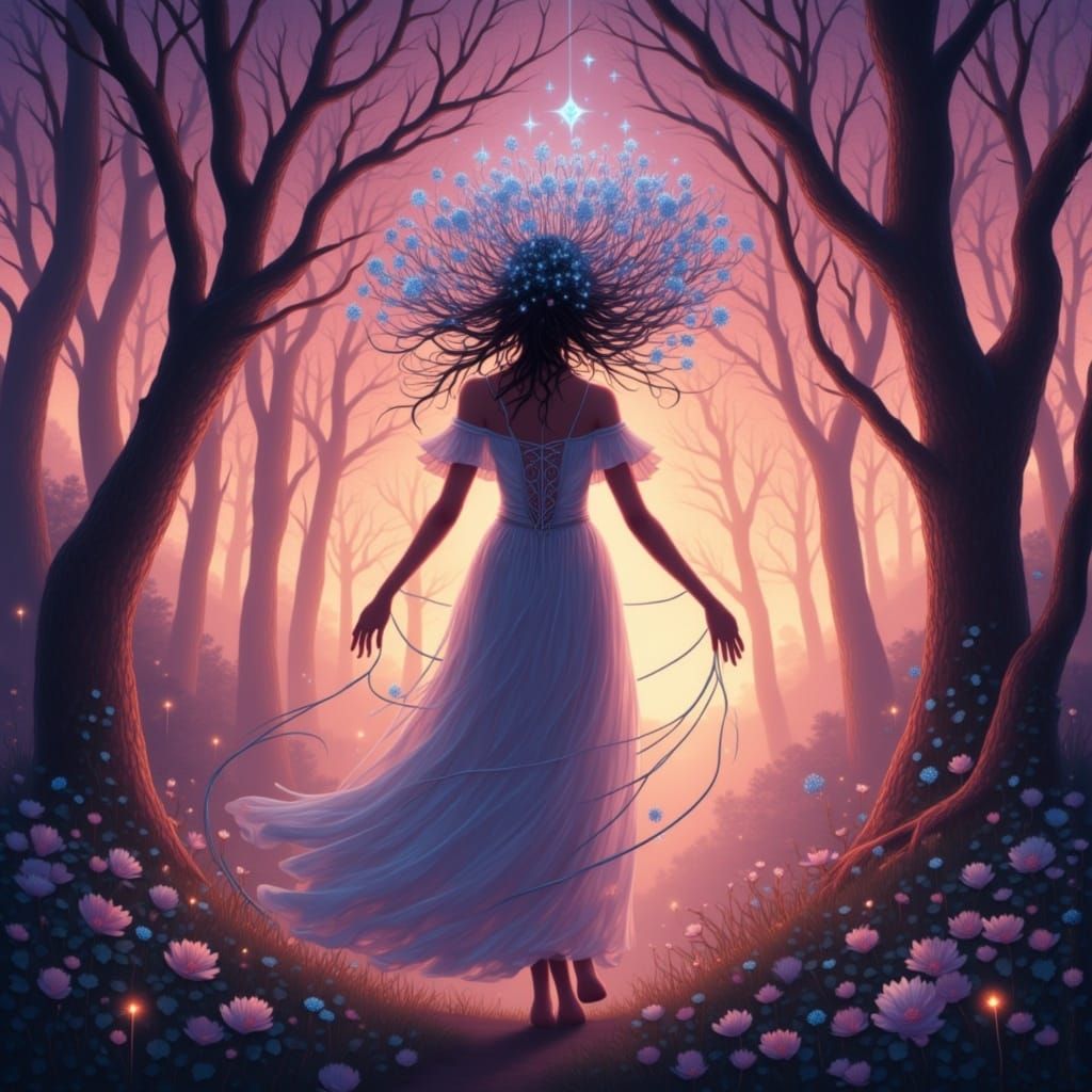 Laced strings wind around a woman caught by the tension of the cords attached to the surrounding trees of a fae forest glade during the dawn...