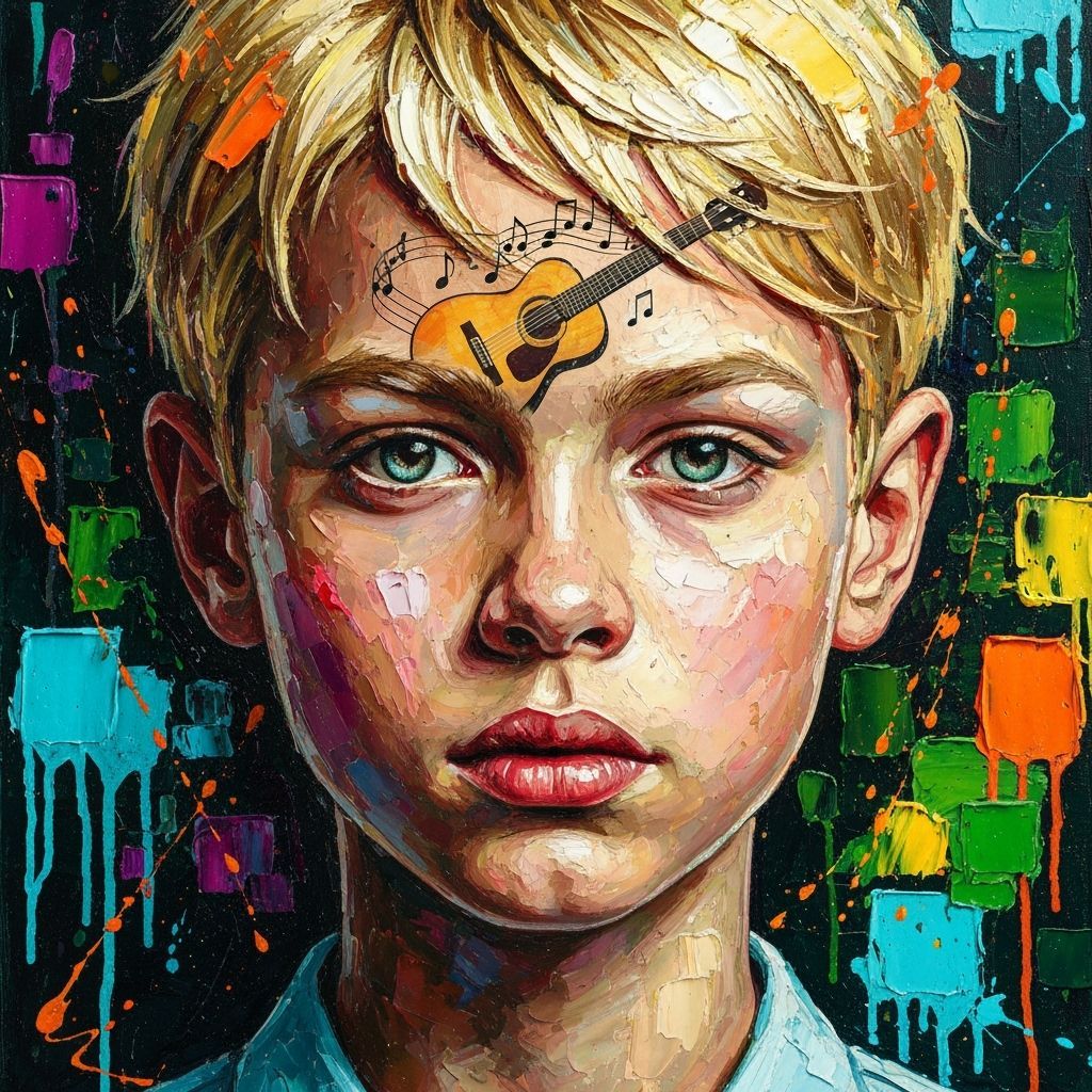 Impasto Mosaic Portrait with Double Exposure

A highly textured, abstract impasto oil portrait of a moody blond boy, painted as a mosaic of ...