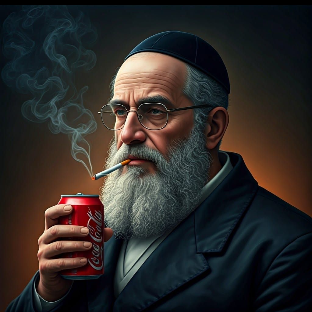 Modern Rabbi Smokes and Drinks, Contemporary Art