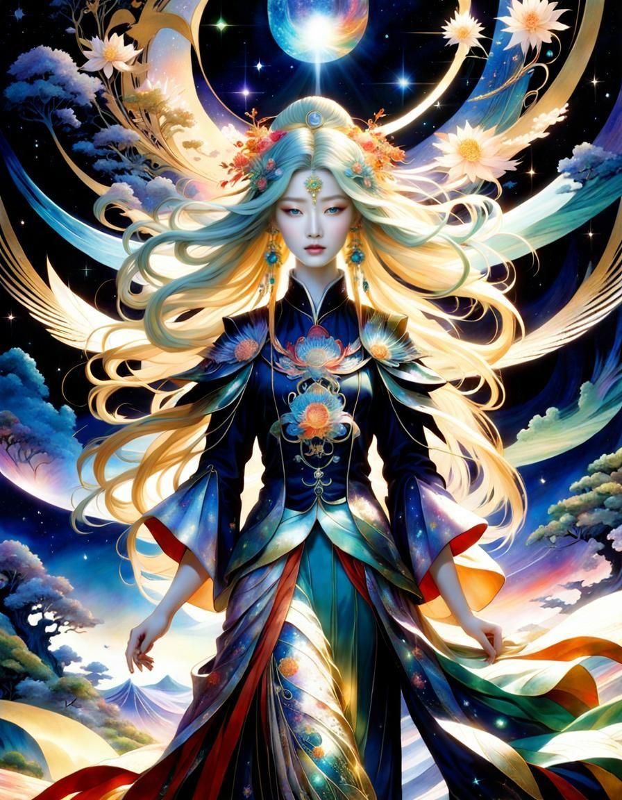 A woman in the style of Yoshitaka Amano