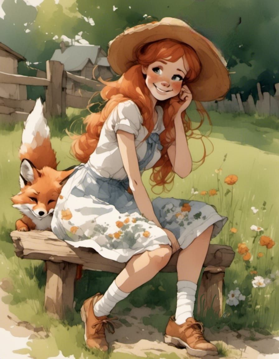 Fox-girl Vixen sitting on a bench