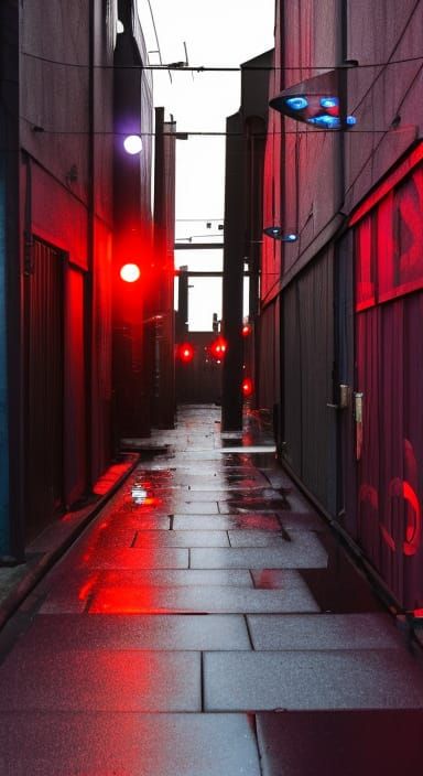 Cyberpunk dystopian megacity redlight district alleyway bar ...