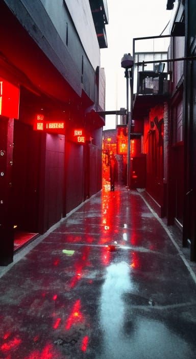 Cyberpunk dystopian megacity redlight district alleyway bar ...