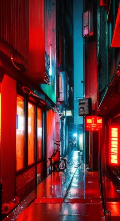Cyberpunk dystopian megacity redlight district alleyway bar ...