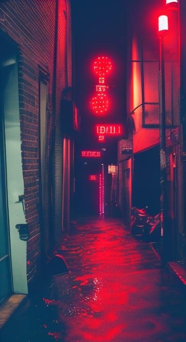 Cyberpunk dystopian megacity redlight district alleyway bar ...