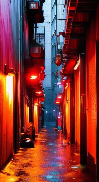 Cyberpunk dystopian megacity redlight district alleyway bar ...
