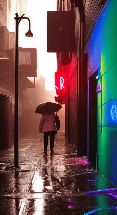 Cyberpunk dystopian megacity redlight district alleyway bar ...