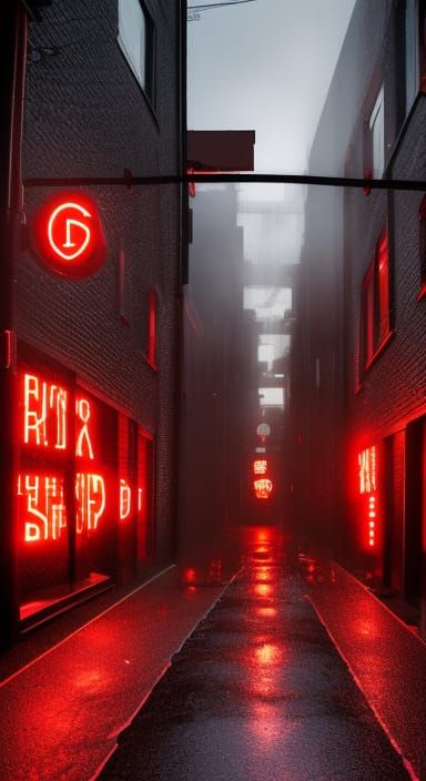 Cyberpunk dystopian megacity redlight district alleyway bar ...