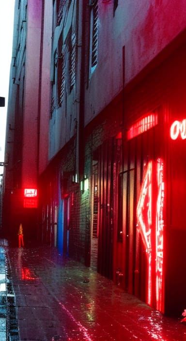Cyberpunk dystopian megacity redlight district alleyway bar ...
