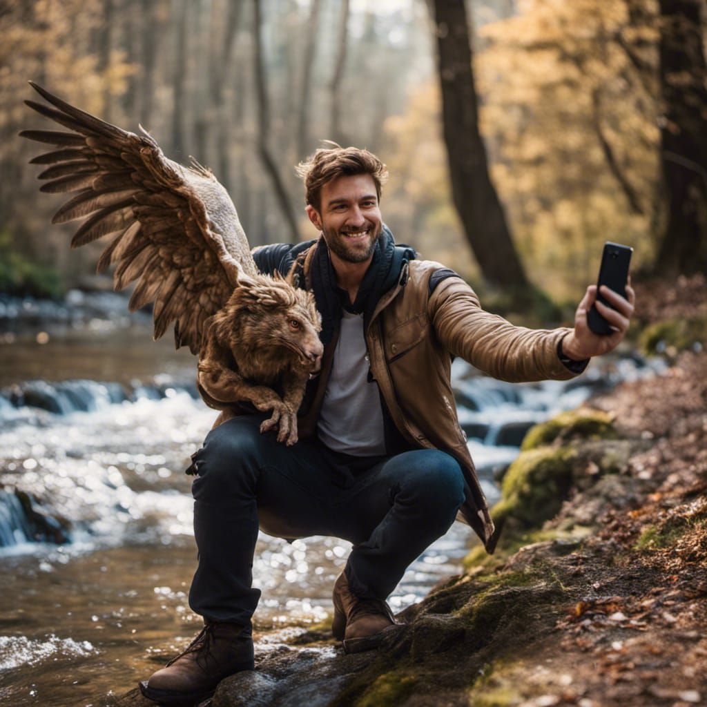a man takes a selfie with a griffin