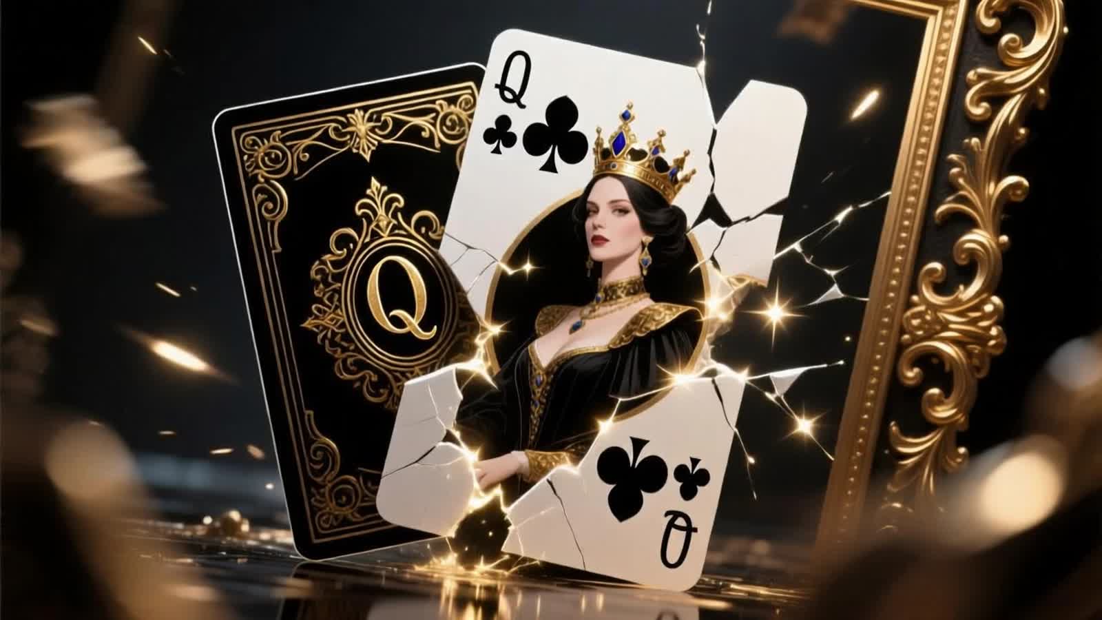 "portrait queen of clubs stepping out of a playing card, pack of playing cards motion blur magic, Eldritch, sparkling, Q...