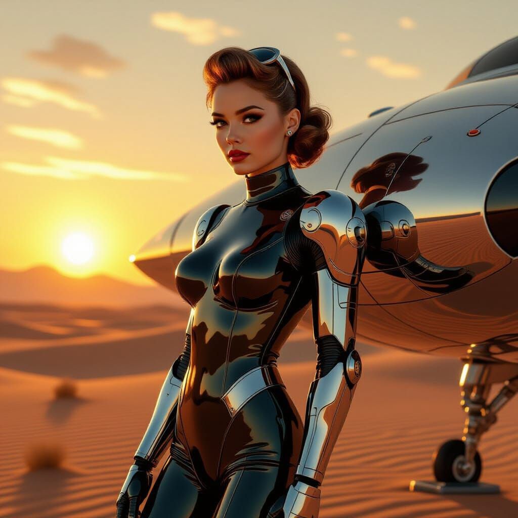 A futuristic girl with a chrome prosthetic arm, leaning against a sleek, rocket ship on a desolate desert landscape. She wears a form-fittin...
