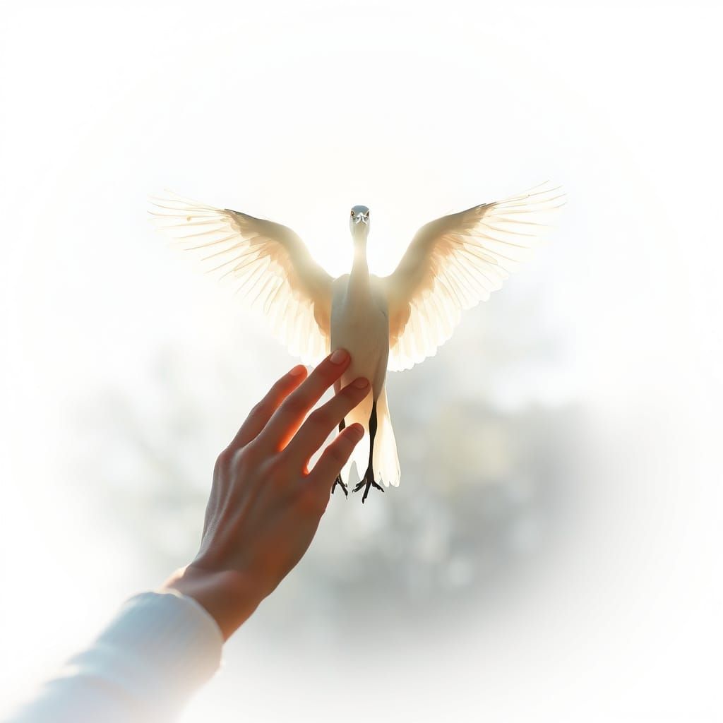 White Heron Spreading Wings in Sunlight