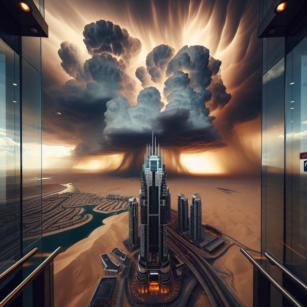 skyscape glass elevator view ascending the Dubai Frame again...