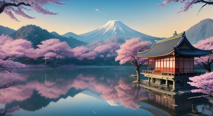 A beautiful ancient sakura tree in front of a lake. Mountains and Japanese temples in the background. Vietnam paysage Hy...