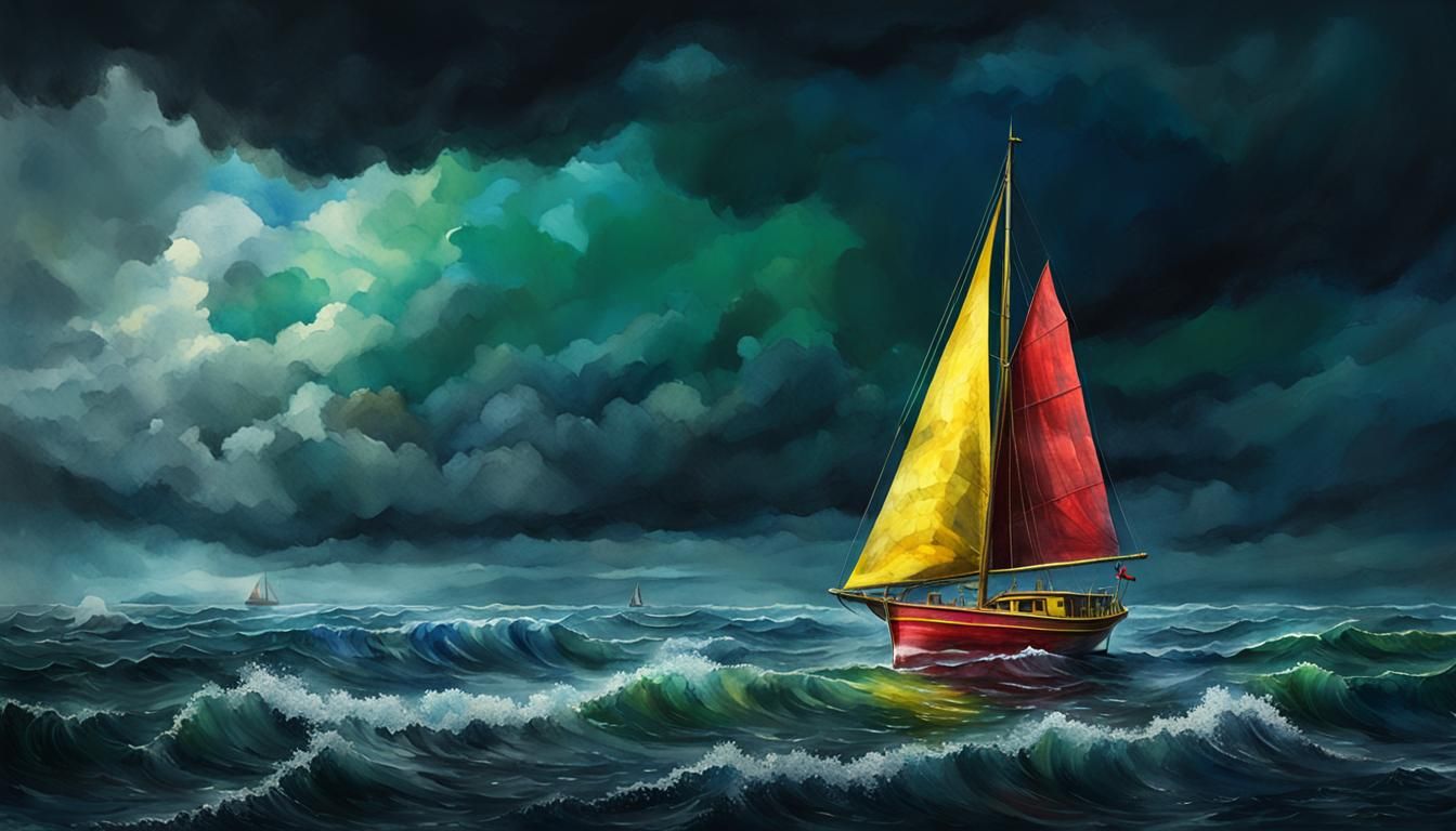 watercolour of a red sail boat with yellow sail, blue green ...
