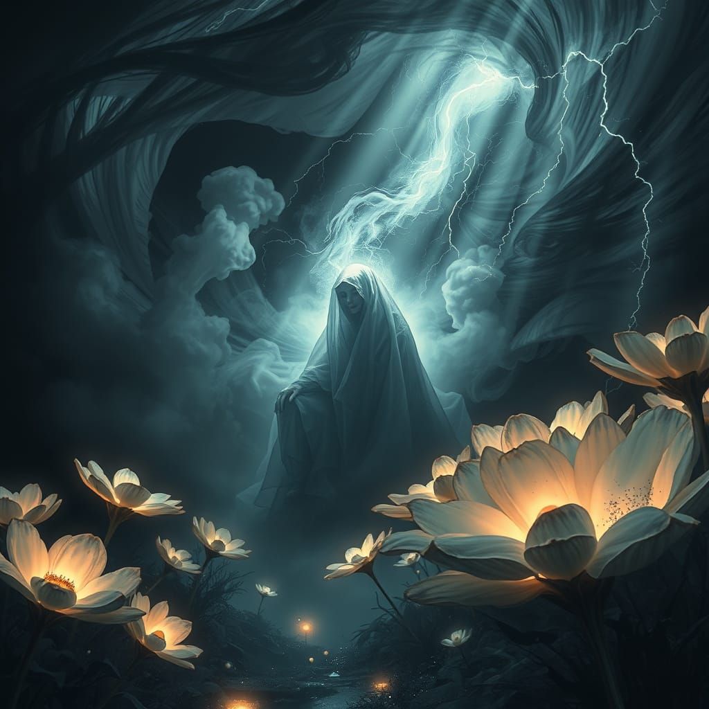 Figure in Hyperrealistic Misty Landscape with Glowing Flower...