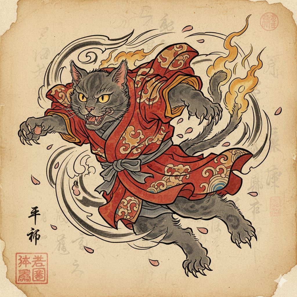 Tatuaje japonés de bakeneko” o “tatuaje de gato yokai
