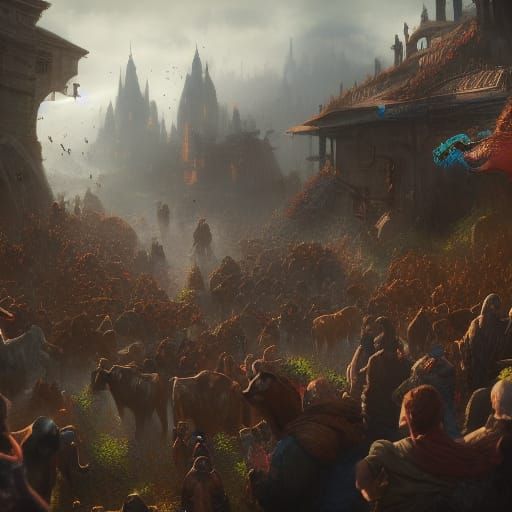 People and animals leaving the village in mass numbers