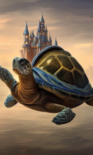 Giant floating turtle with a fantasy castle on its back. det...