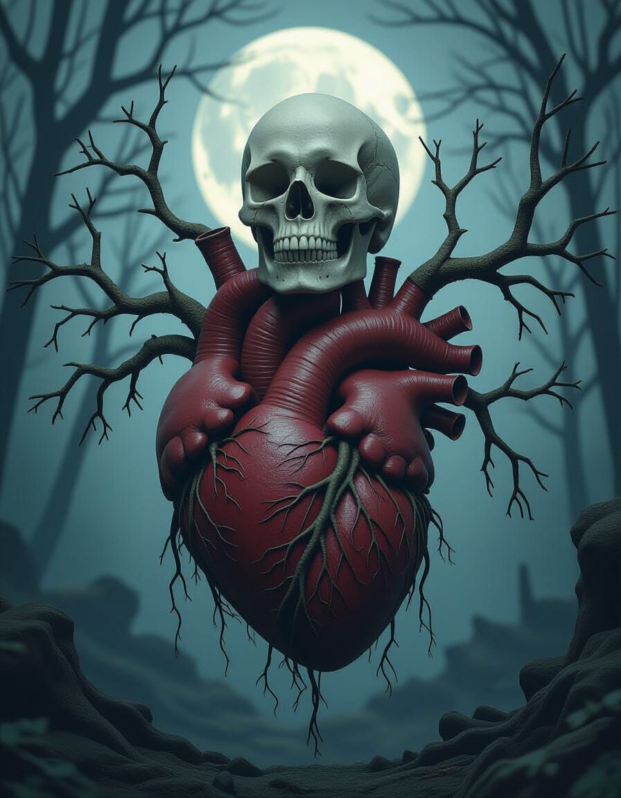 Surreal Dark Fantasy Art: Heart, Roots, and Floating Skull
