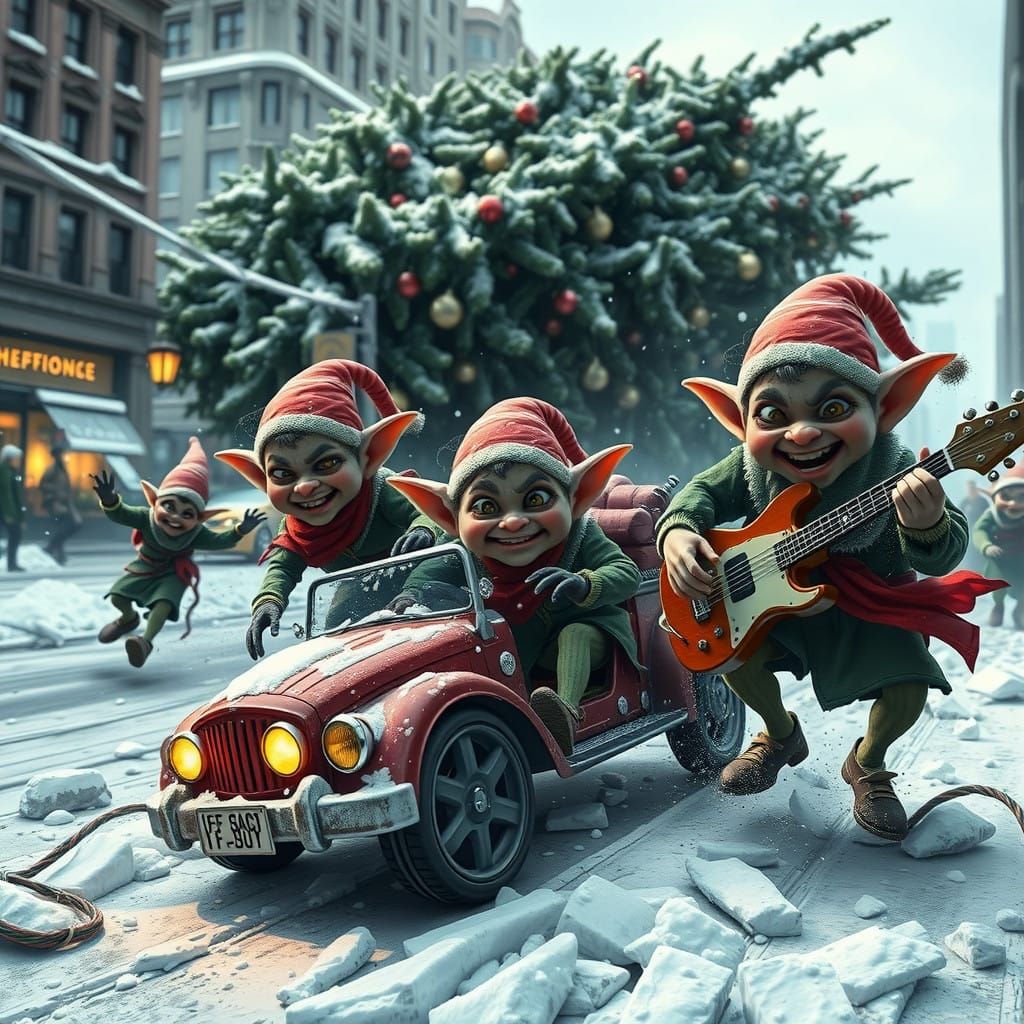 Creepy Christmas elves going crazy in the city, doing disaster Eve. 3d realistic anime, best tecniques ...  by @Marv