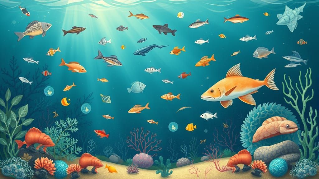 Under the sea infographic poster with various marine life of different areas of the planet. The scene is rendered in the style of a classic ...