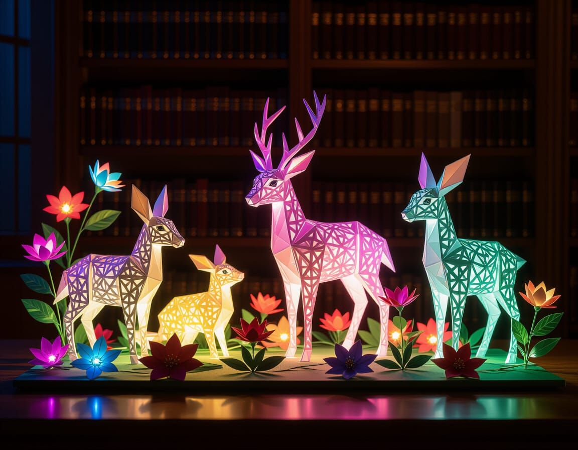 Intricately detailed origami from openwork paper figurines of different animals and flowers with colorful lights inside, on a desk in a dark...
