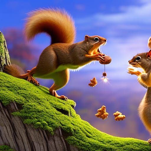 Squirrels fighting over a nut in the forrest, bright, colorful,  contrastful, delighted Magical, Intricate, Digital, Scenic, Hyperdetailed - AI  Generated Artwork - NightCafe Creator