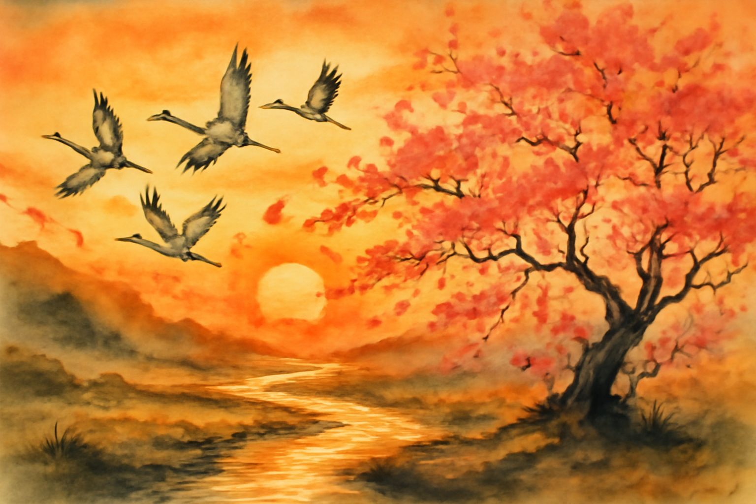 A flock of cranes flying through a mythical landscape, A creek, a cherry blossom tree, wet on wet, sunrise, sunshine  sunset, flower petals ...