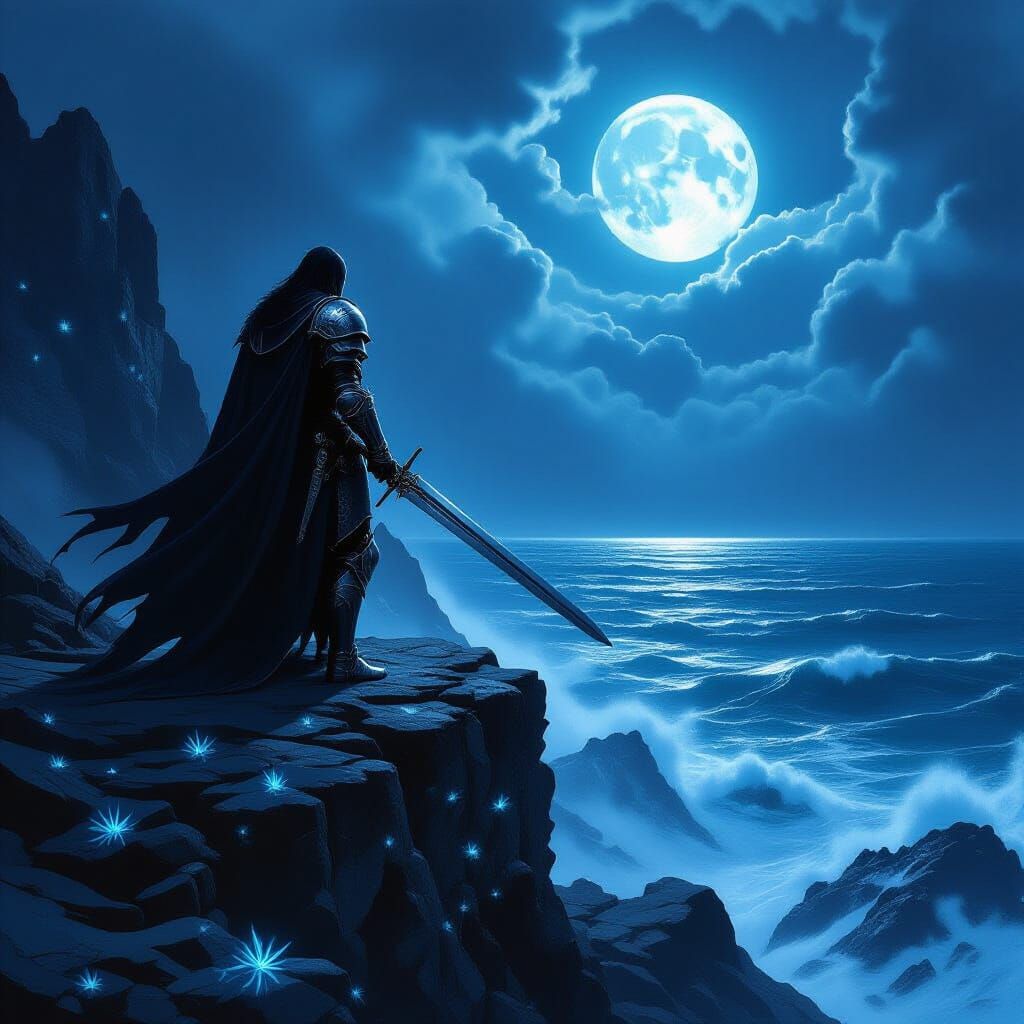 Highly detailed digital painting. A lone knight with a tarnished silver sword, standing on a jagged cliff overlooking a turbulent, moonlit s...