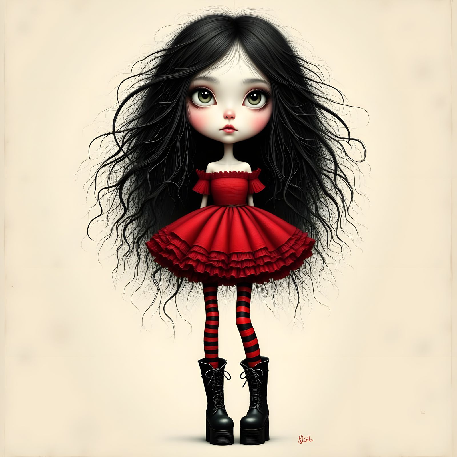 Elegant Doll in Red Lace: Surreal Storybook Illustration