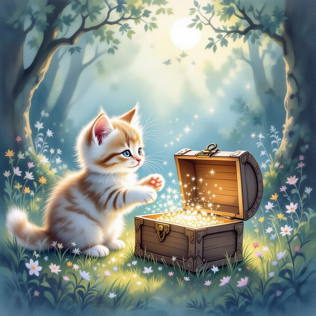 A whimsical kitten with fur like spun moonlight, batting playfully at a small, intricately carved wooden chest that has sprung open to revea...