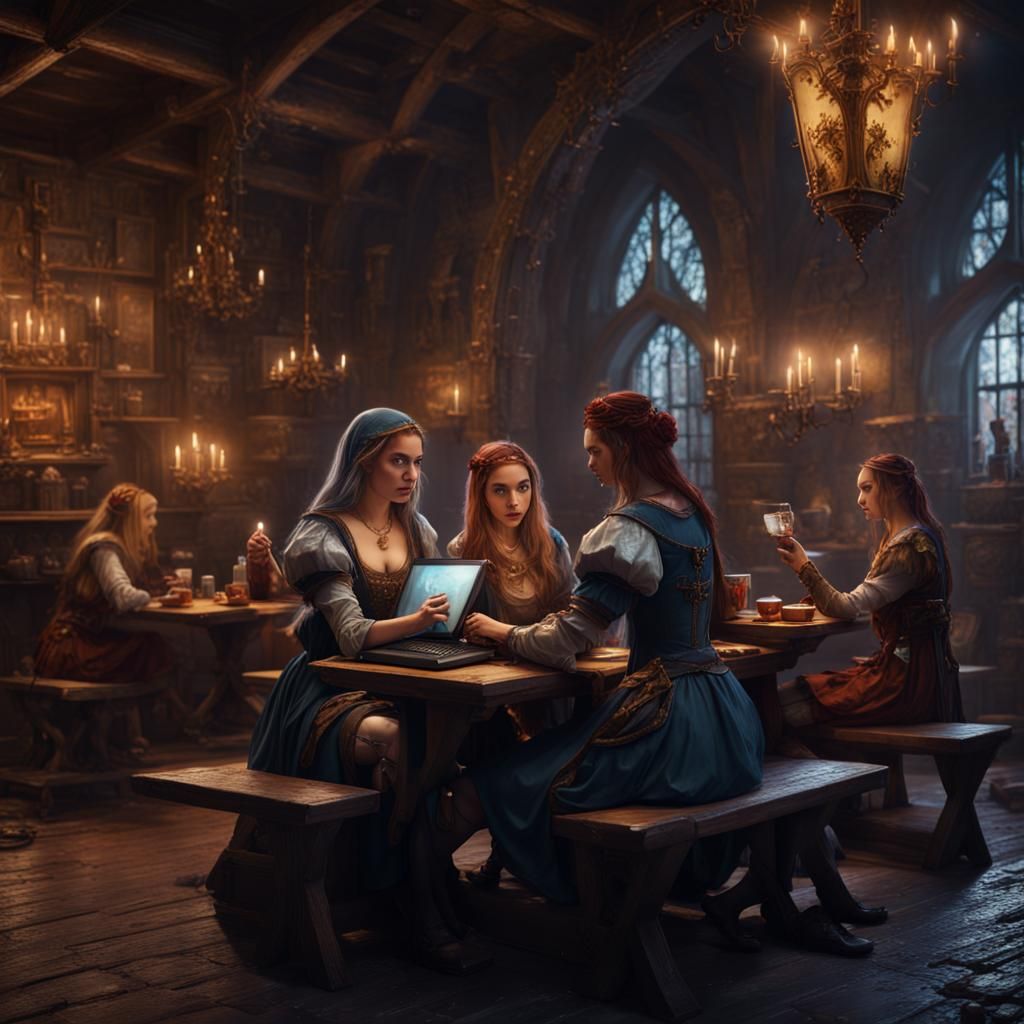 Creation: night cafe medieval girls with computer and talk to beetwen ...